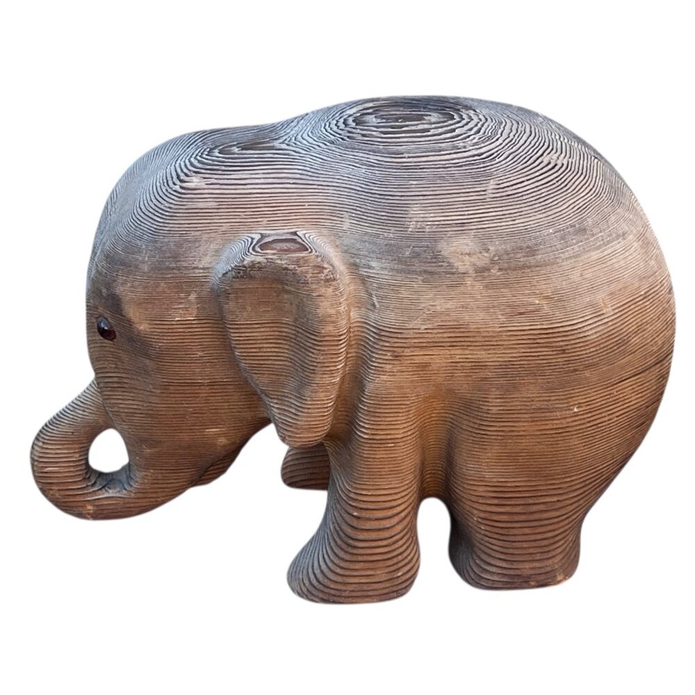 Handmade Wooden Elephant Figurine Glass Eyes 9.75"x5.5"x7" T Brown Vintage 1970s